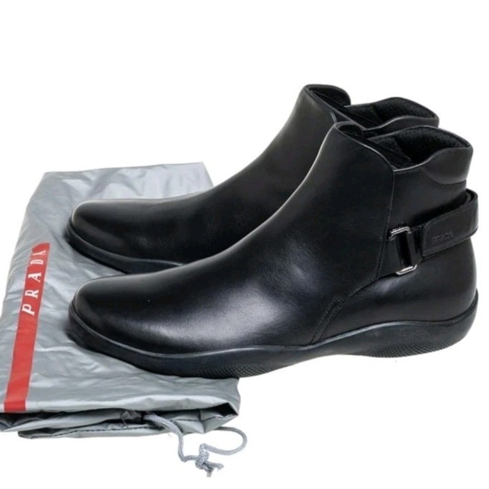 Prada Black Leather Ankle Boots Men 7/40 Strap Close Designer Casual
